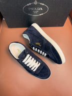 Prada unisex sneakers, navy suede with white laces and side logo detail