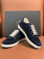 Prada unisex sneakers, navy suede with white laces and cream trim on sides