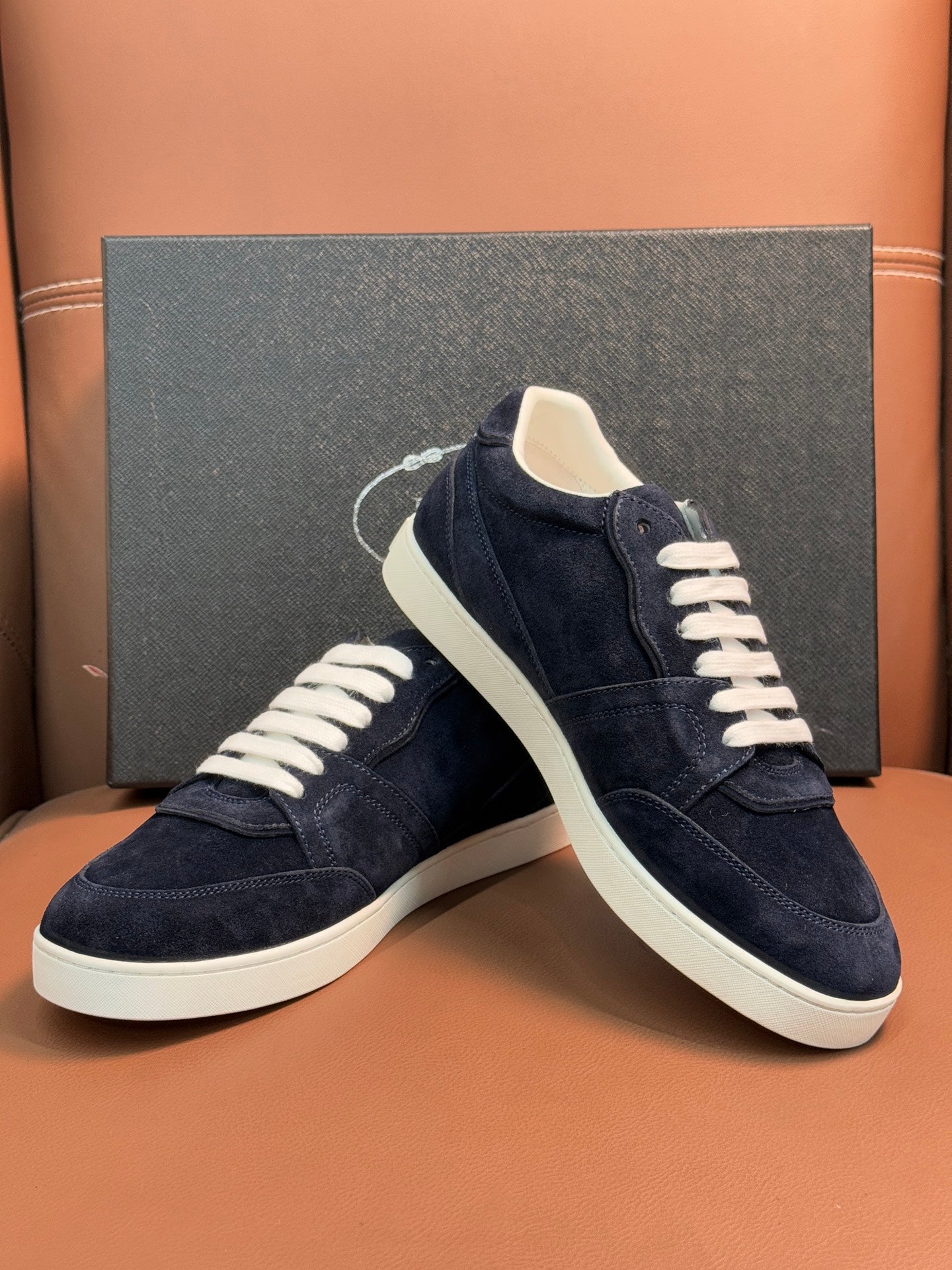 Prada unisex sneakers, navy suede with white laces and cream trim on sides