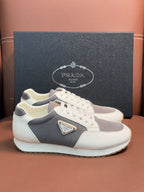 Prada unisex leather sneakers, white and gray colorblock with lace-up front