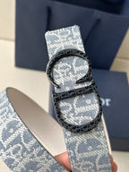 Dior logo belt with blue patterned strap and silver buckle detail