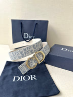 Dior logo belt with blue patterned strap and gold-tone buckle