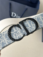 Dior logo belt buckle view: oval engraved silver detail on blue strap