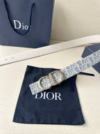 Dior logo belt with blue patterned strap and oval gold-tone buckle