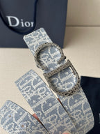 Dior logo belt with blue patterned strap and oval silver buckle