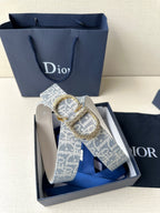 Dior logo belt with blue patterned strap and gold-tone buckle