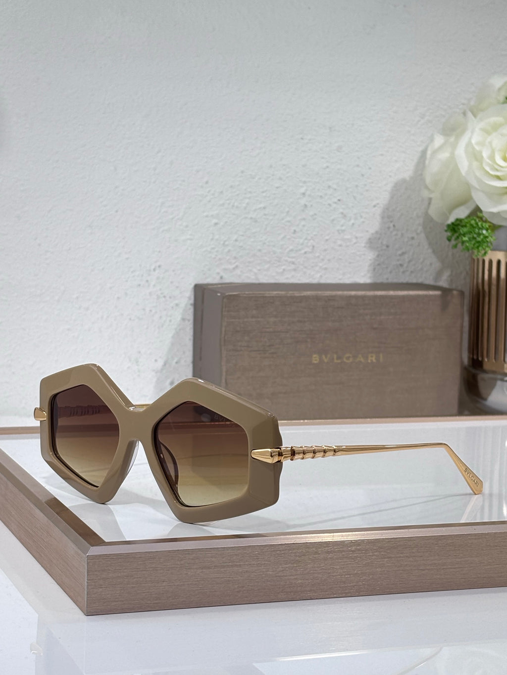 Sunglasses, beige oversized square frames with brown tinted lenses and gold temples