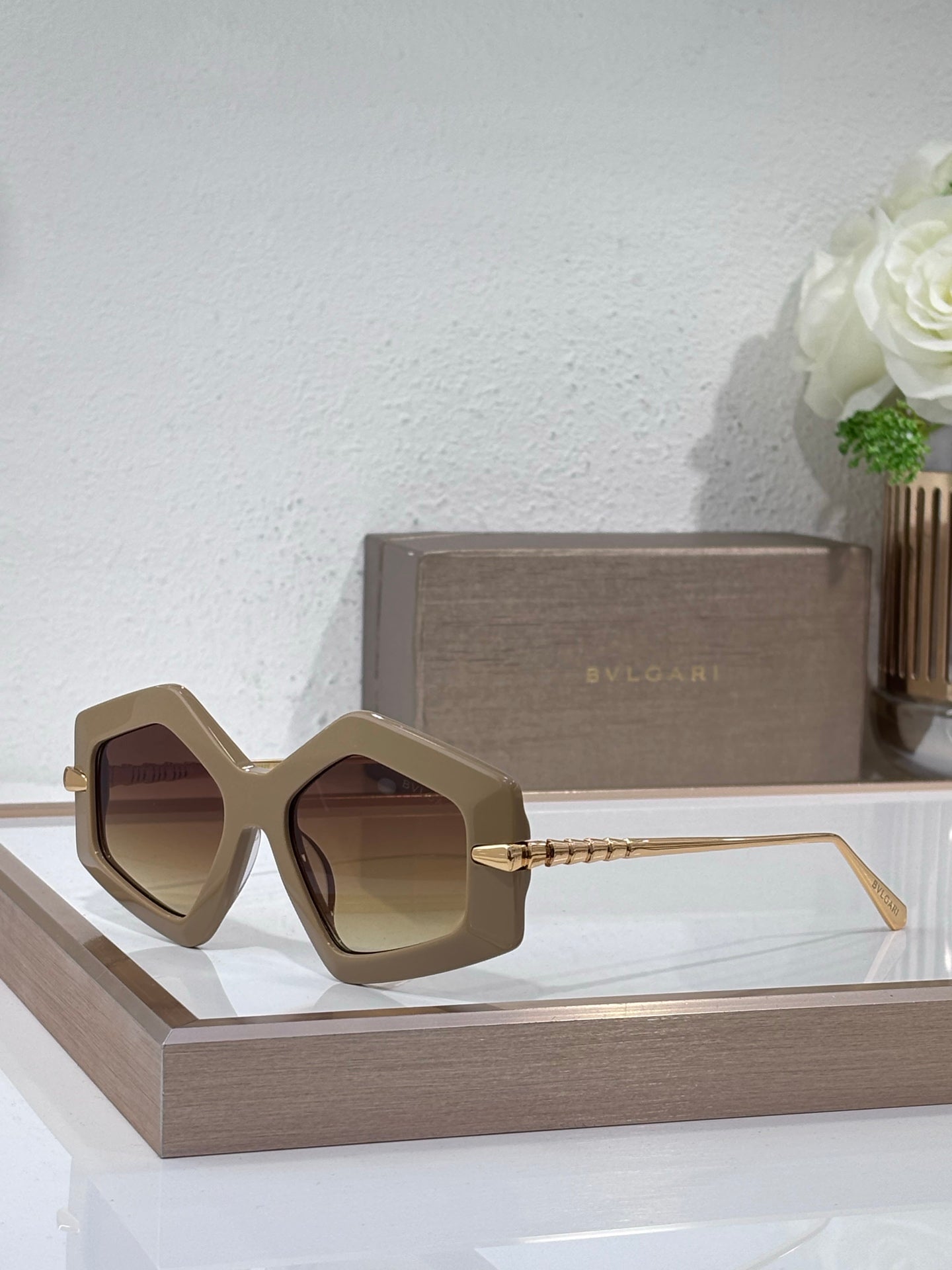 Sunglasses, beige oversized square frames with brown tinted lenses and gold temples