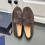 Prada unisex suede loafers, dark brown with slip-on strap and scalloped toe stitching