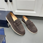 Prada unisex suede loafers, dark brown with slip-on strap and contrast-stitched trim