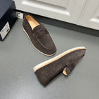 Prada unisex suede loafers, dark brown slip-on style with strap and beige sole trim