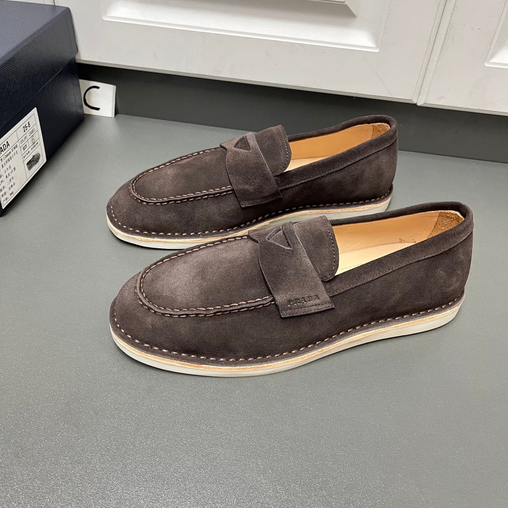Prada unisex suede loafers, dark brown slip-ons with strap detail and white contrast sole
