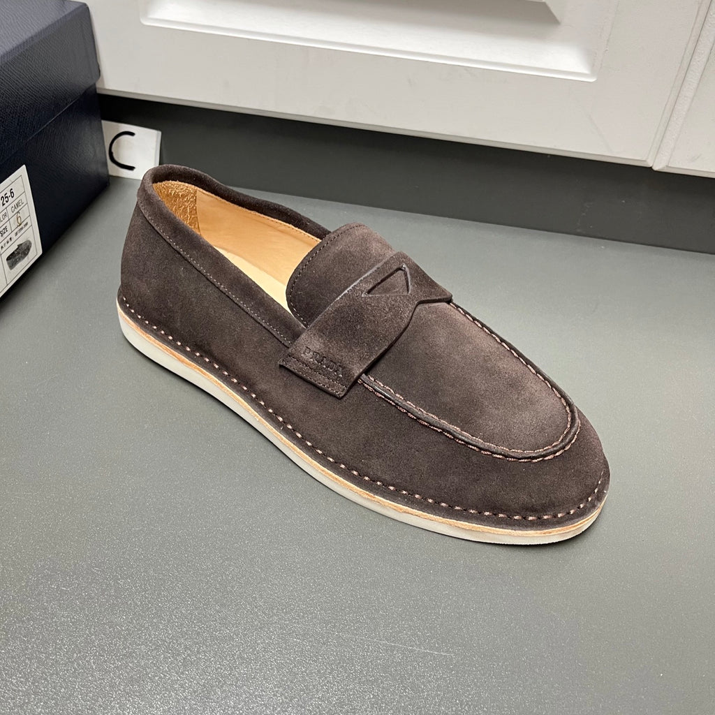Prada unisex suede loafer, dark brown slip-on with strap and contrast-stitched edge