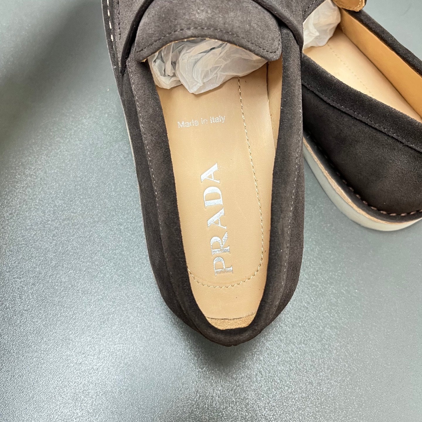Prada unisex suede loafer insole label showing “Made in Italy” text