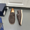 Prada unisex suede loafers, dark brown with slip-on strap and contrast stitching
