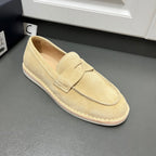 Beige Prada unisex loafer, front three-quarter view with top strap