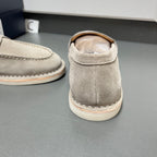 Prada unisex suede loafer heel, light gray with stitched seam and light sole edge