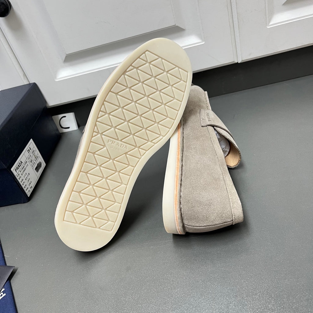 Prada unisex suede loafer outsole, light gray upper with textured rubber tread base
