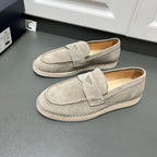 Prada unisex suede loafers, light gray with square strap detail and stitched edges