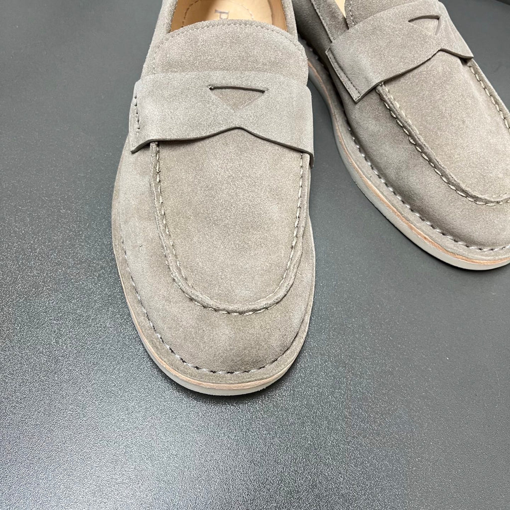 Prada unisex suede loafer, light gray with strap panel and detailed front stitching