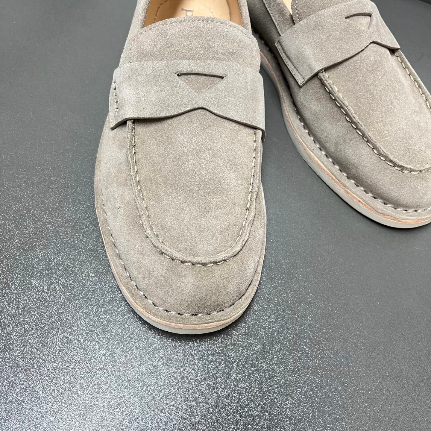 Prada unisex suede loafer, light gray with strap panel and detailed front stitching