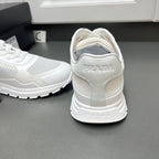 White Prada sneakers heel view with cushioned back and mesh side panels