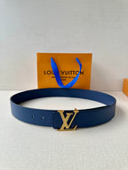 Blue leather belt with gold-tone LV buckle and two rows of adjustment holes