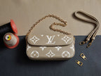 Louis Vuitton beige monogram crossbody bag with gold chain strap and flap closure