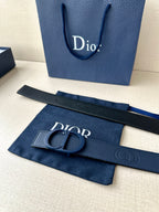 Blue leather Dior belt with CD buckle, laid beside Dior logo insert