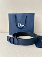 Blue leather Dior belt, buckle centered, with embossed Dior logo on strap