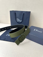 Dior belt with olive green leather strap and rectangular keeper, silver-toned buckle