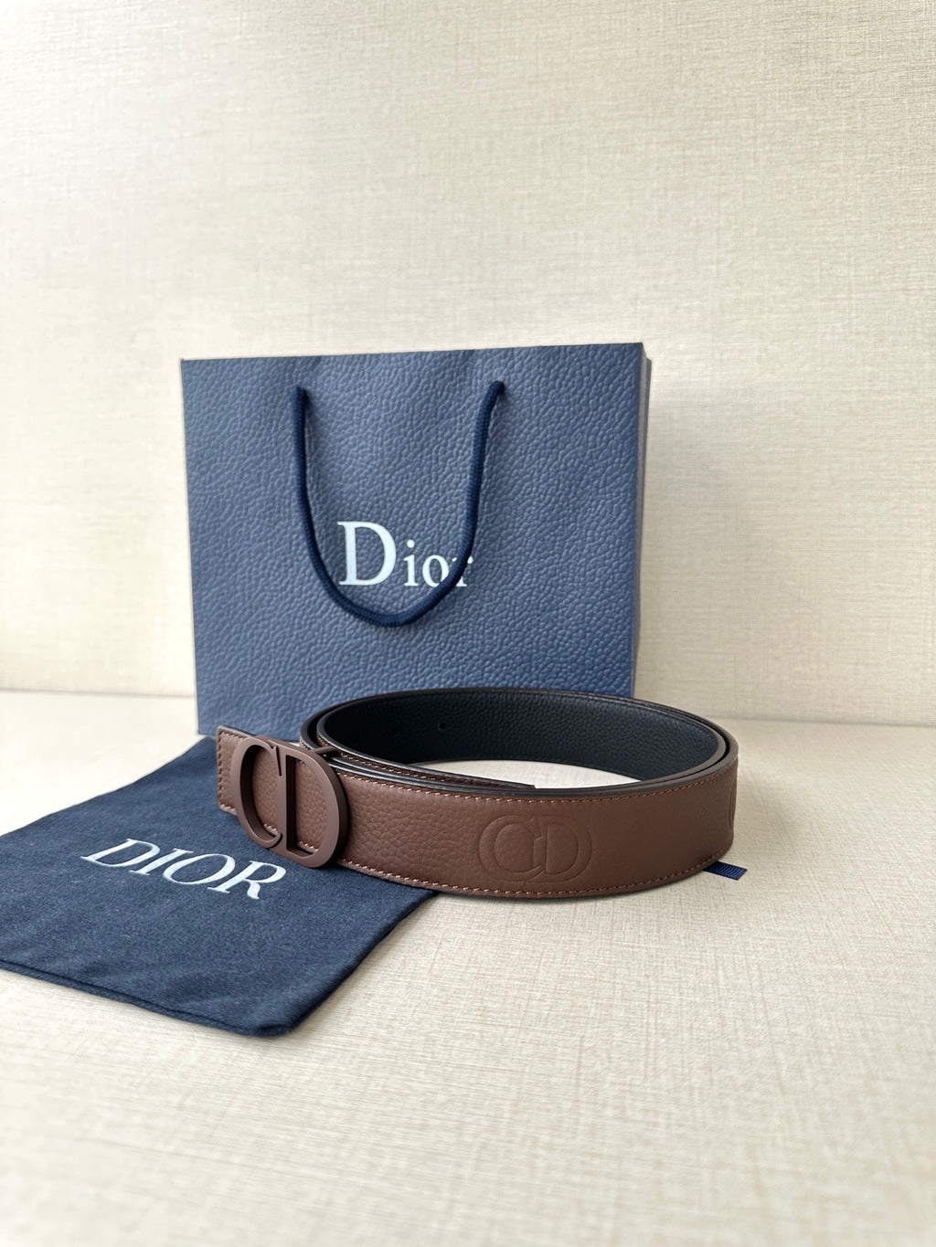 Dior leather belt, brown, with double buckle ring and perforated adjustment holes