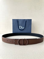 Dior brown leather belt with embossed buckle and adjustable hole strap