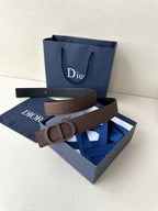 Dior brown leather belt with embossed buckle and adjustable holes