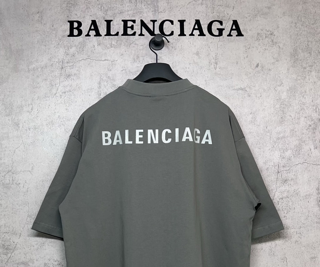 Balenciaga short-sleeve T-shirt with large back BALENCIAGA print, dark gray-green.