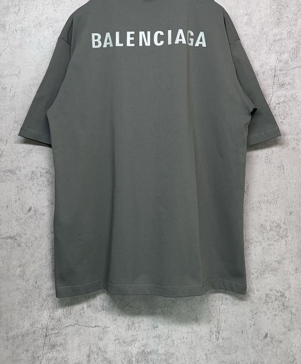 Balenciaga short-sleeve T-shirt with large BALENCIAGA back print, dark gray-green.