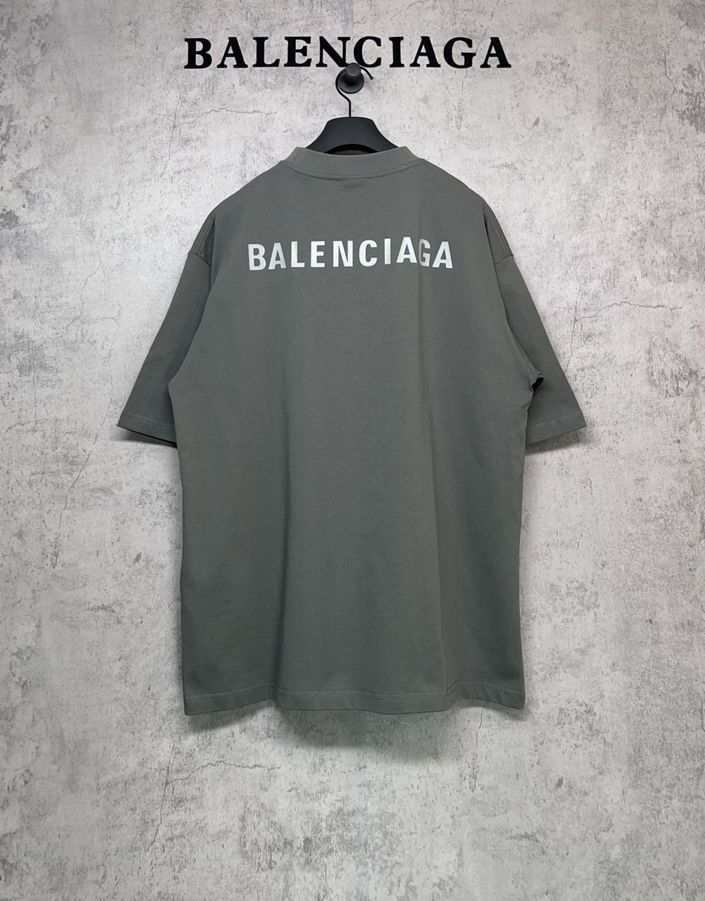 Balenciaga short-sleeve T-shirt with large back BALENCIAGA print, dark gray-green.