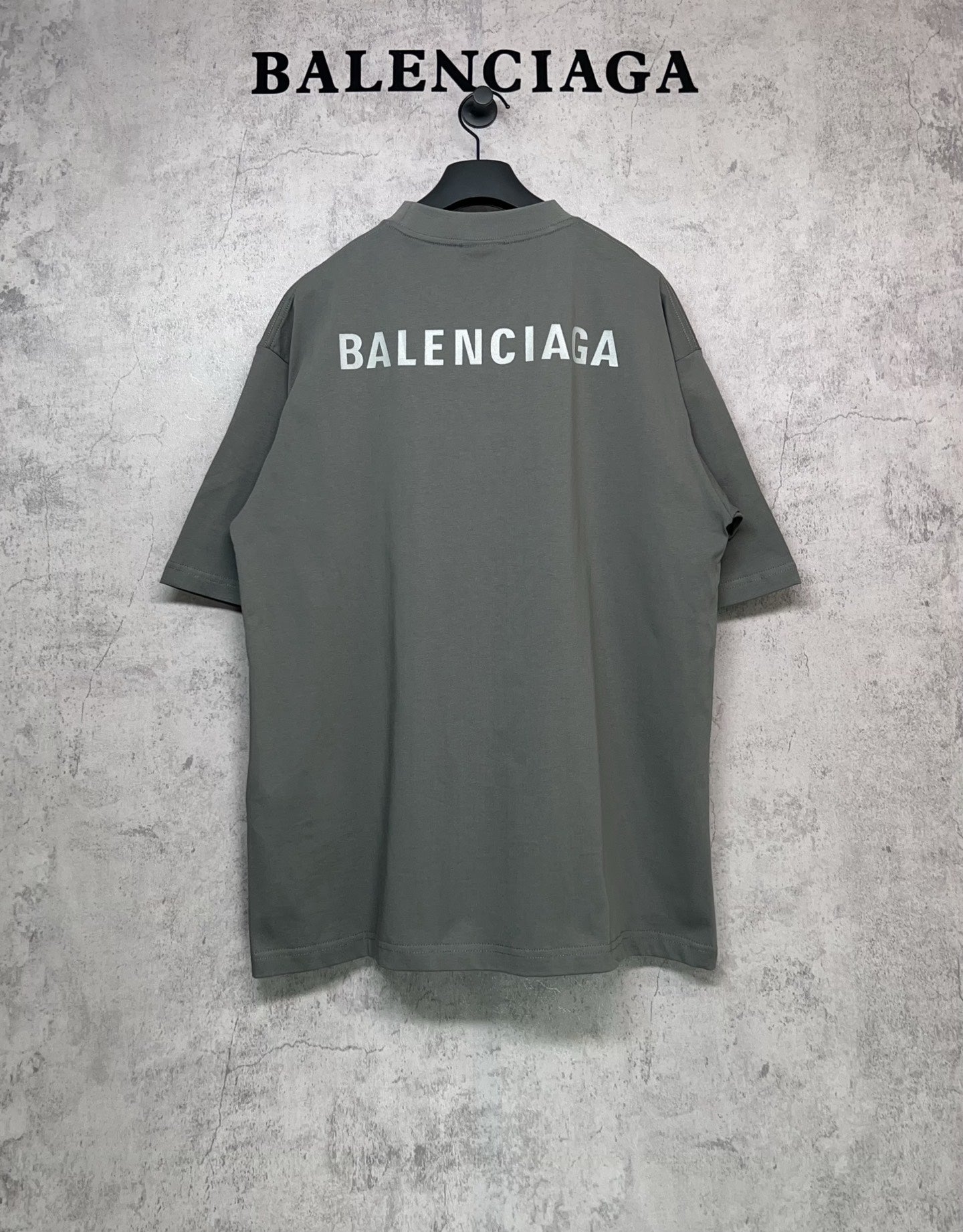Balenciaga short-sleeve T-shirt with large back BALENCIAGA print, dark gray-green.