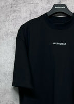 Black crewneck T-shirt with BALENCIAGA logo on chest, short sleeves
