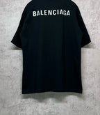 Black crewneck T-shirt with large BALENCIAGA logo across back