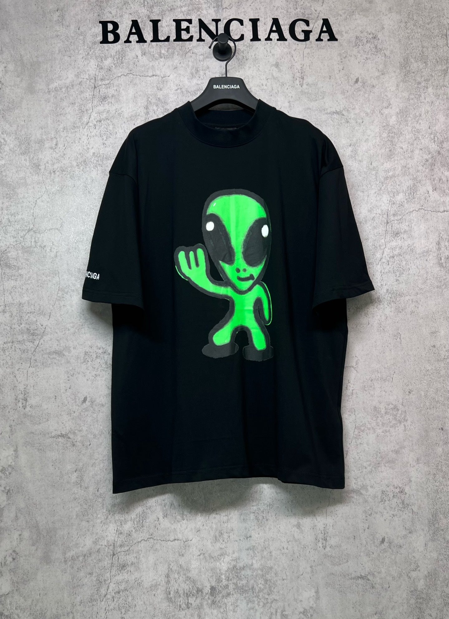 Balenciaga short-sleeve T-shirt, black with neon green alien graphic on front
