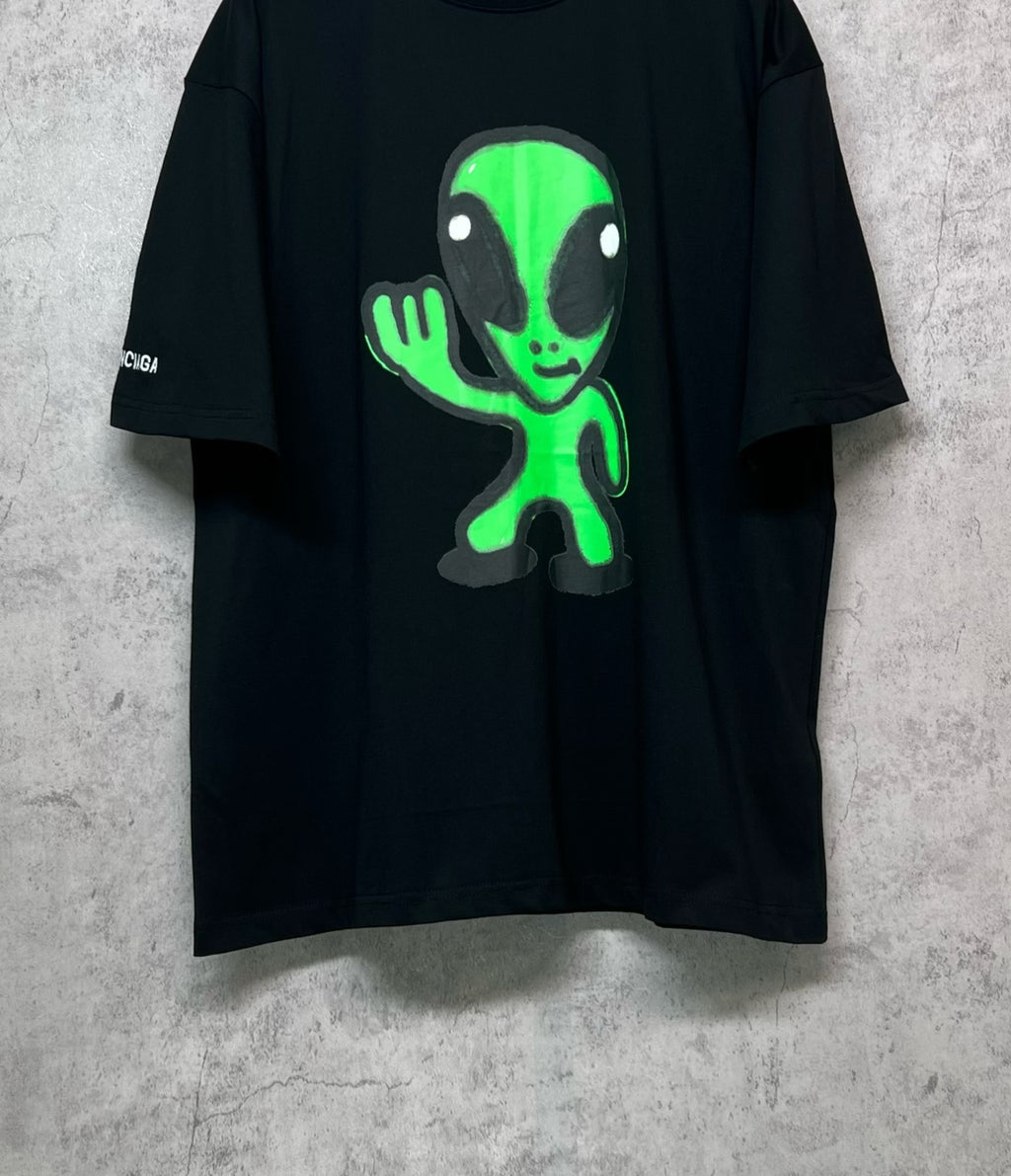 Balenciaga short-sleeve T-shirt, black with neon green alien character graphic front