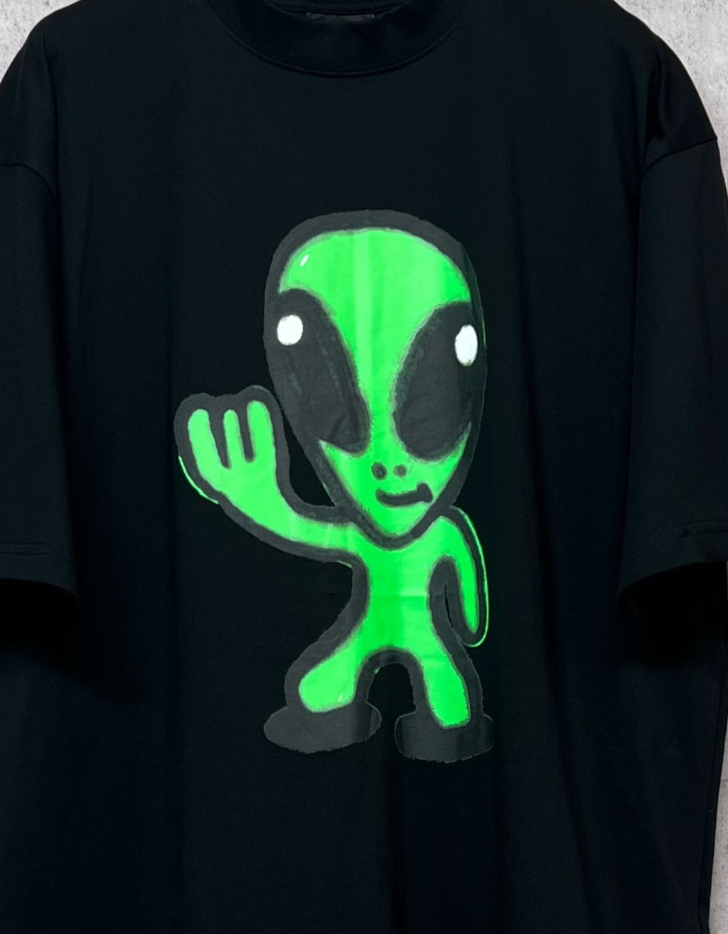 Balenciaga short-sleeve T-shirt, black with neon green alien graphic detail on front
