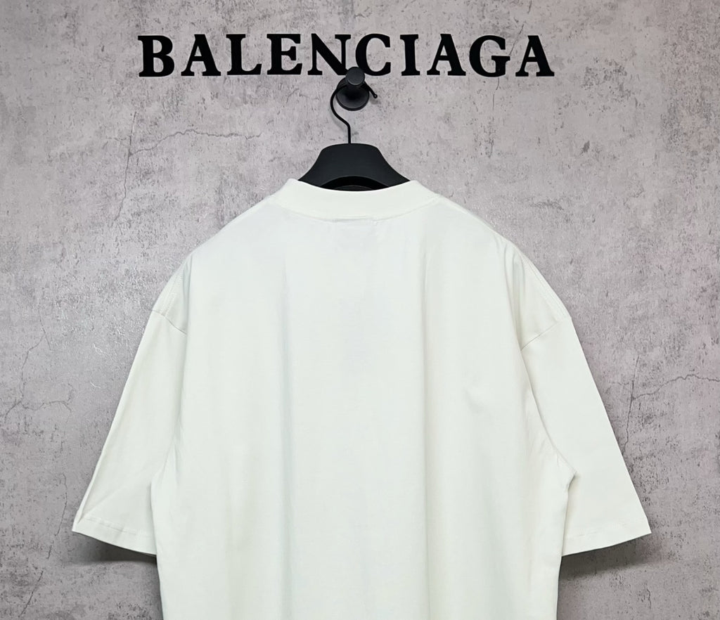 White Balenciaga logo T-shirt, back view with crew neck and short sleeves
