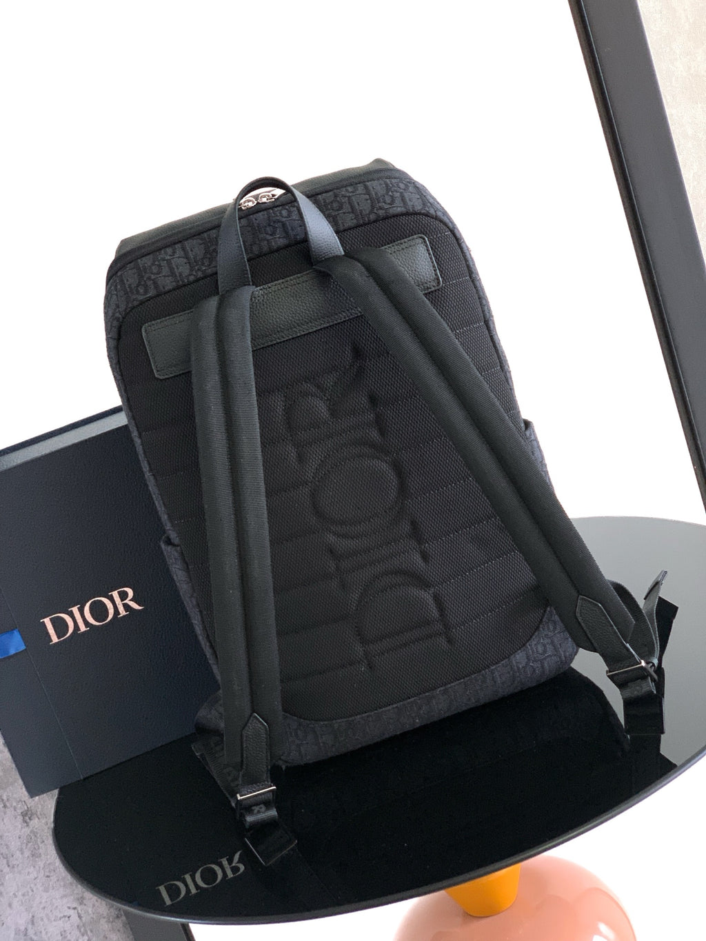 Men's Dior monogram backpack back panel with top handle and shoulder straps
