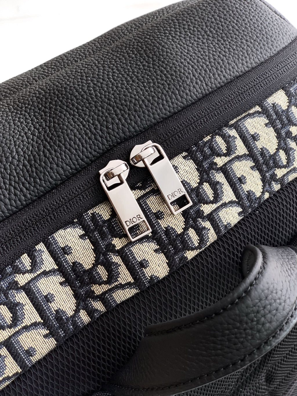 Black leather backpack panel with Dior monogram print and silver-tone zipper pulls
