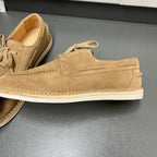 Prada unisex tan suede lace-up shoes, close-up of front and lace ties