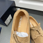 Prada unisex tan suede shoes, inside logo on the tongue