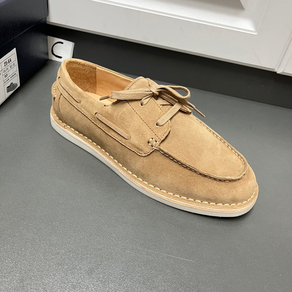 Prada unisex tan suede lace-up shoes, top view with lace-up panel