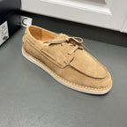 Prada unisex tan suede lace-up shoes, top view with lace-up panel